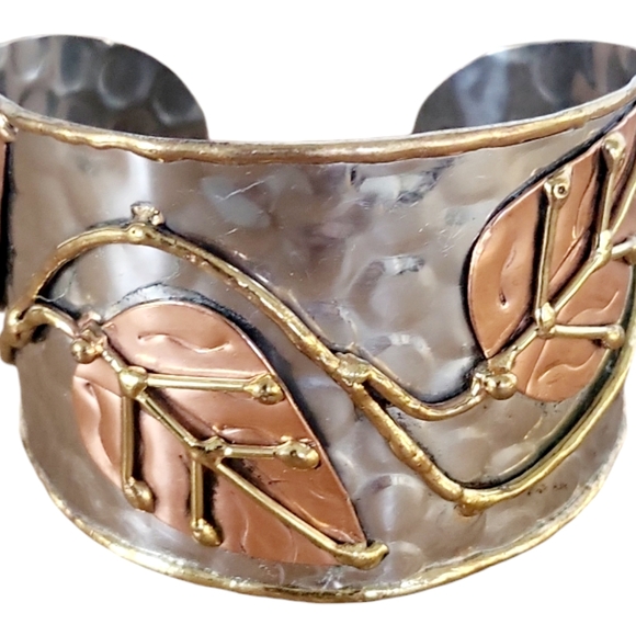 Anju Metal Hammered Mixed Metal Leaf Cuff Bracelet - Picture 2 of 12